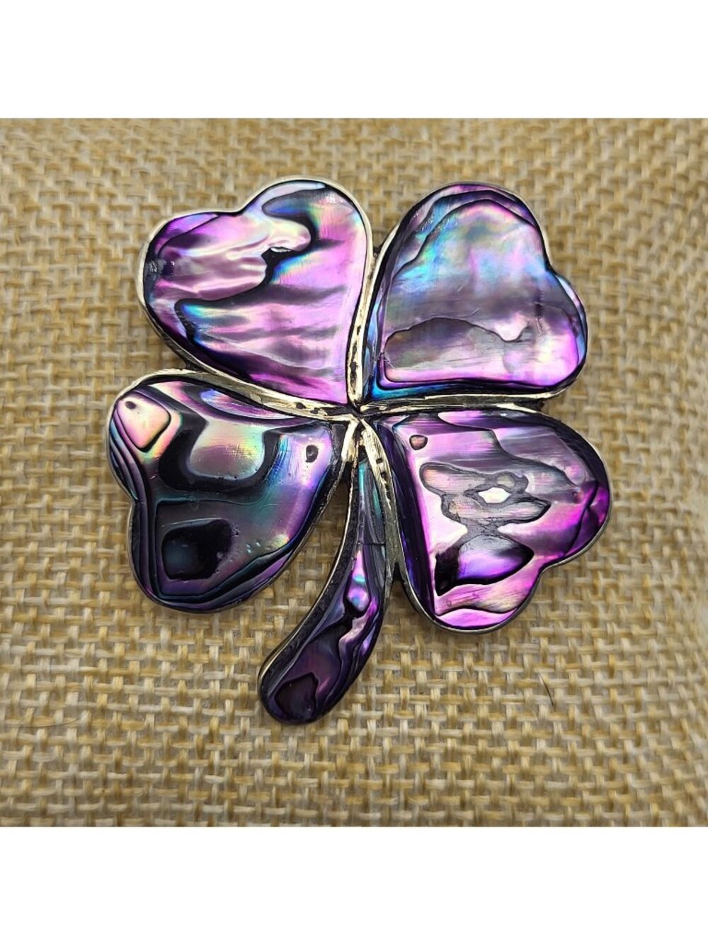 Stunning Alpaca Mexico Lucky Clover Brooch pin Shamrock Purple Shell inlay
